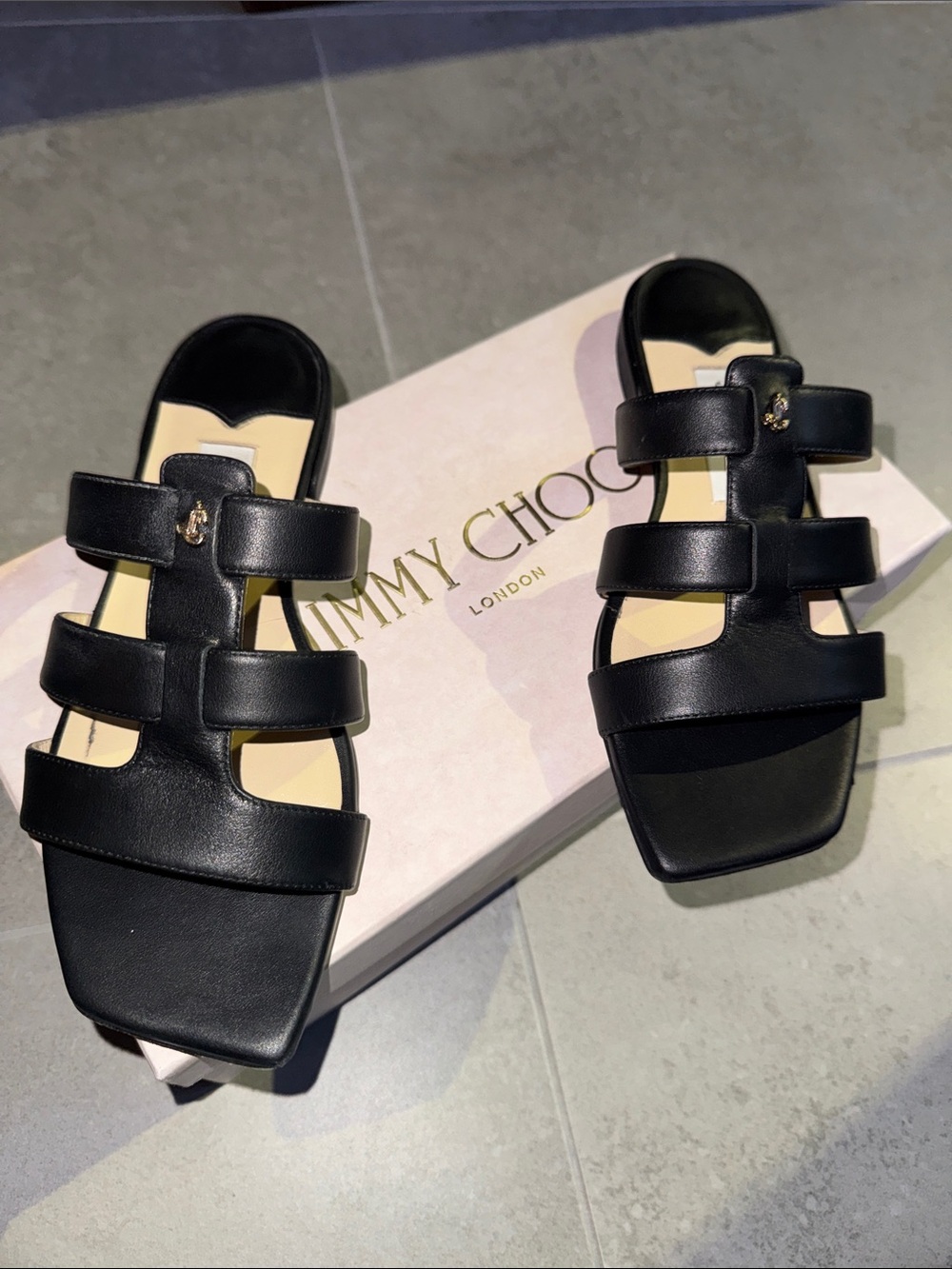 Jimmy Choo Black Triple-Strap Leather Slide Mules